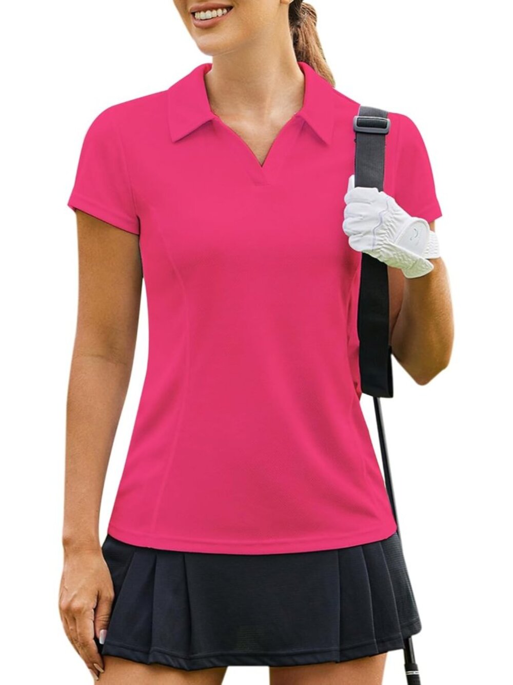 Women's Hot Pink Golf Shirt Short Sleeve Quick Dry V-Neck Tennis Tops Fit